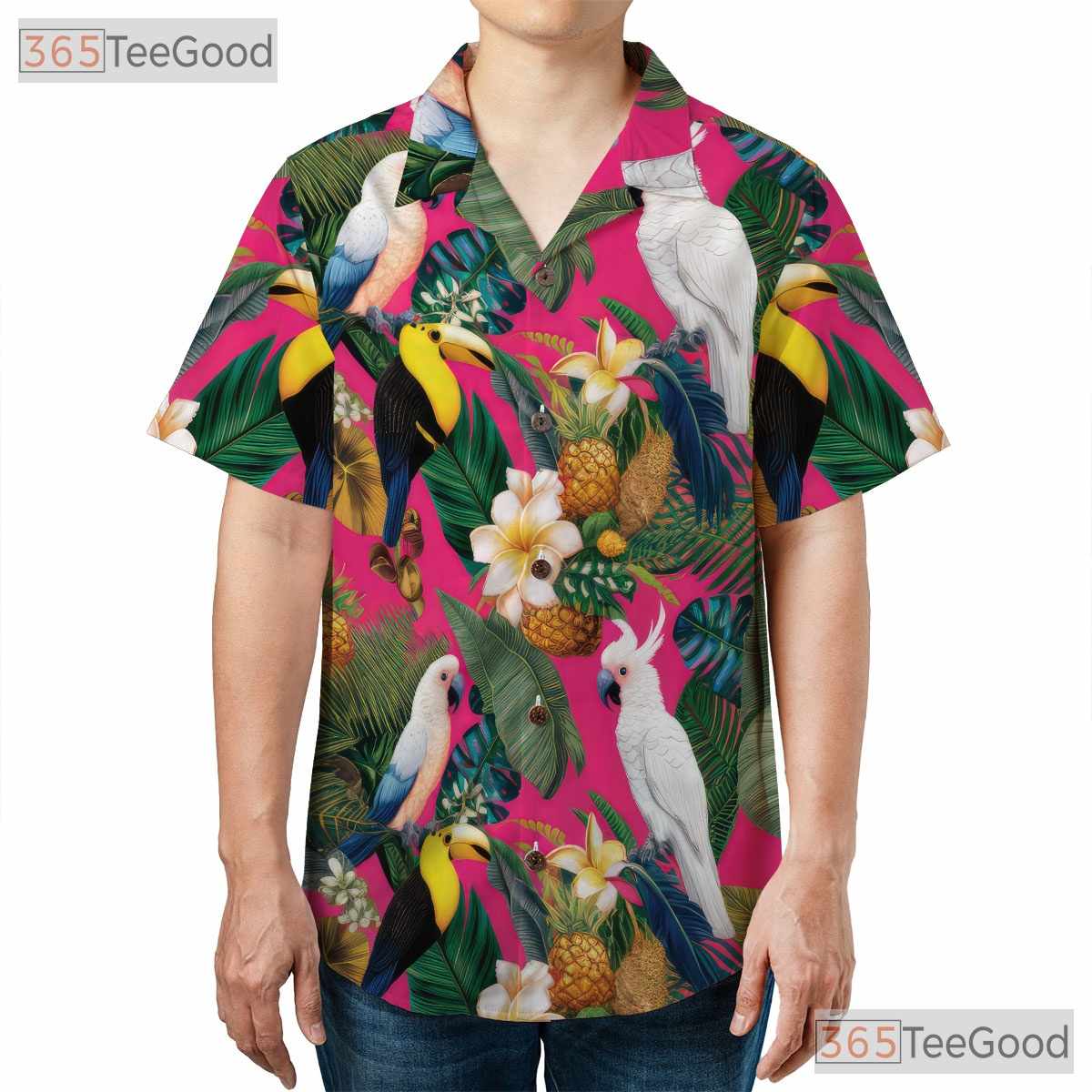 Tropical Pink Birds Pineapples Floral Design Hawaiian Tee Men Women Outfit