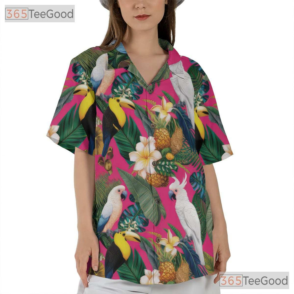 Tropical Pink Birds Pineapples Floral Design Hawaiian Tee Men Women Outfit