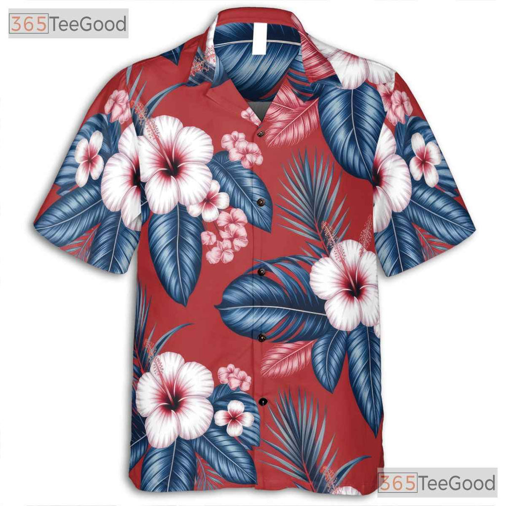 Tropical Red Hibiscus Palm Hawaiian Shirt- Unisex Seamless Floral Vacation Top