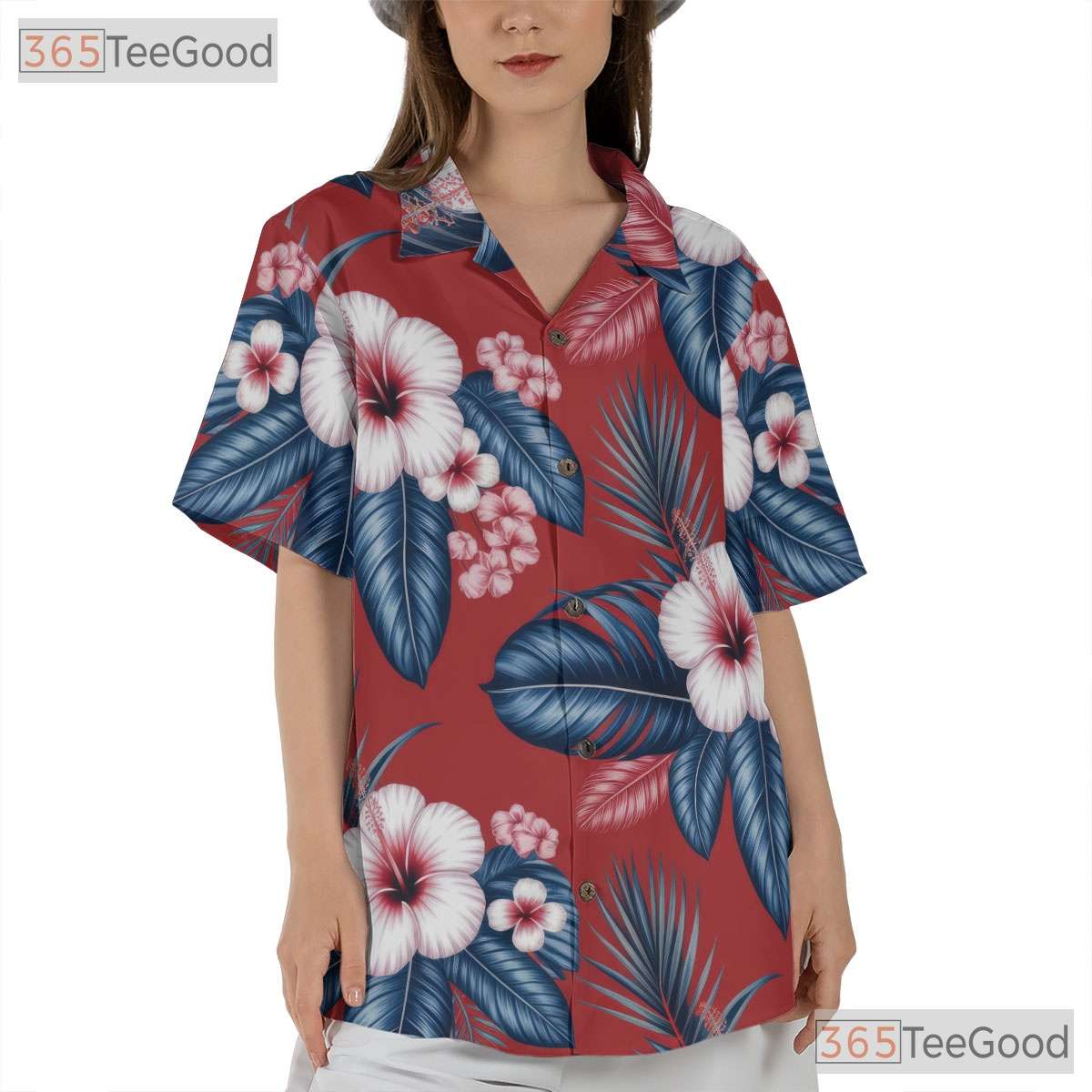 Tropical Red Hibiscus Palm Hawaiian Shirt- Unisex Seamless Floral Vacation Top