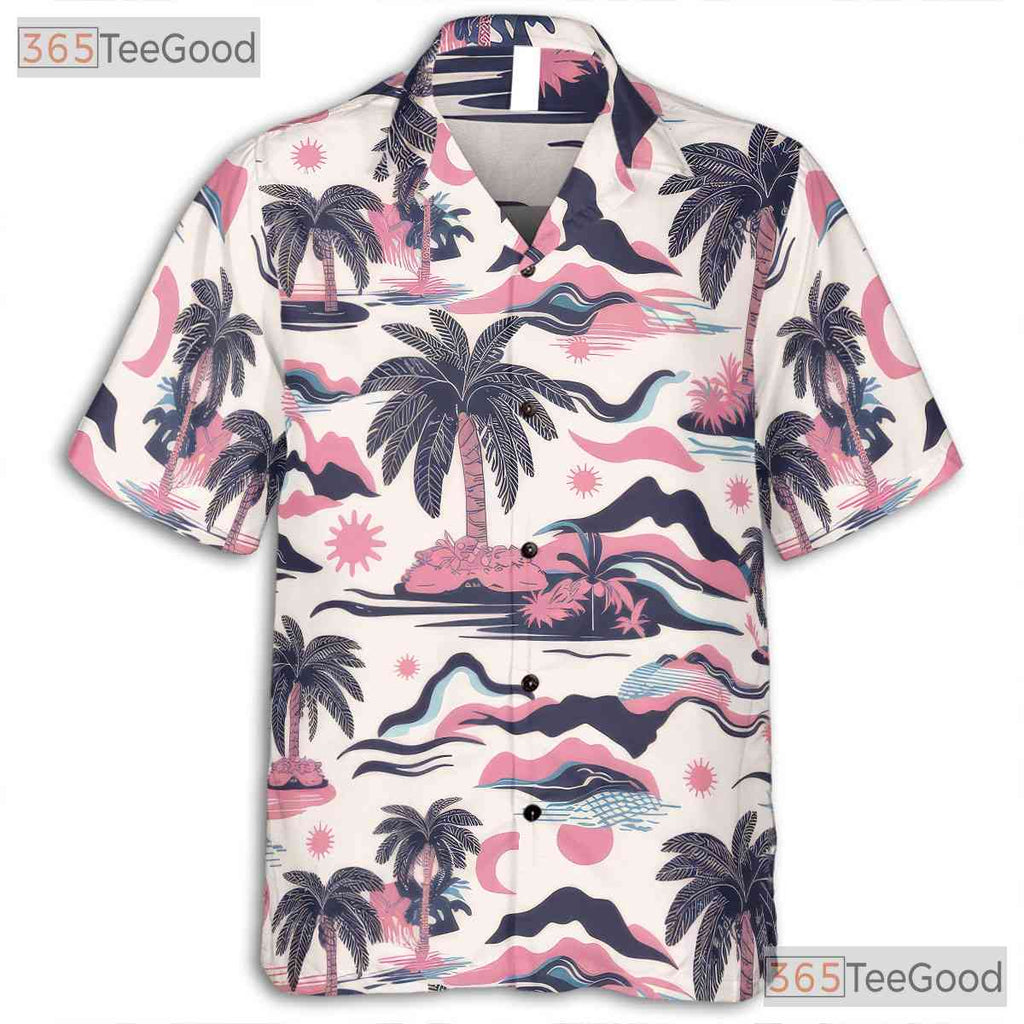 Tropical Retro Pink Blue Palm Tree Beach Style Hawaiian Shirt Men Women Top