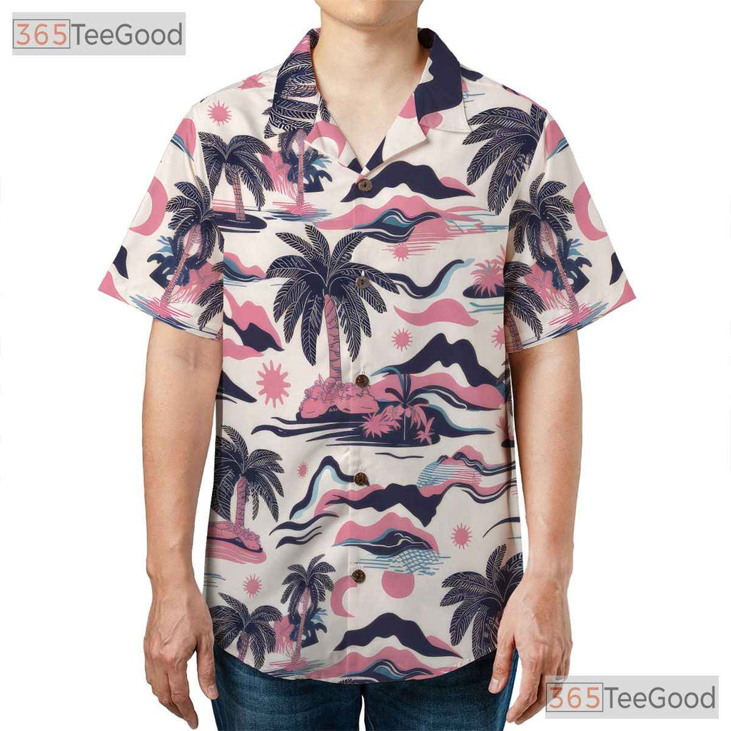 Tropical Retro Pink Blue Palm Tree Beach Style Hawaiian Shirt Men Women Top