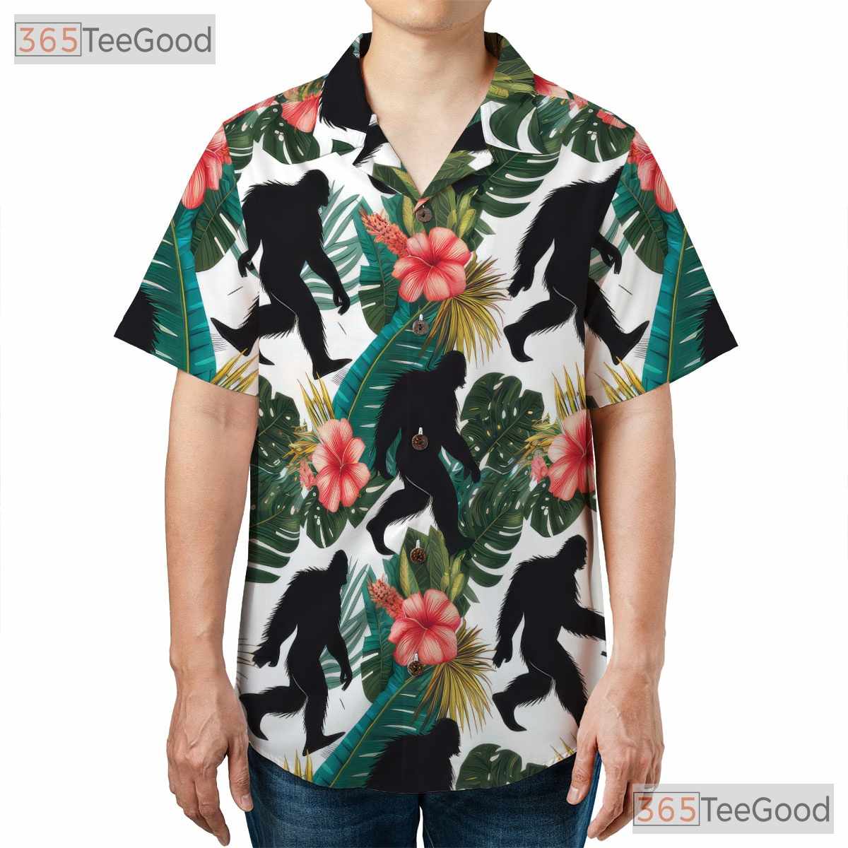 Tropical Sasquatch Hawaiian Shirt - Unisex Jungle Theme Floral Print Tee