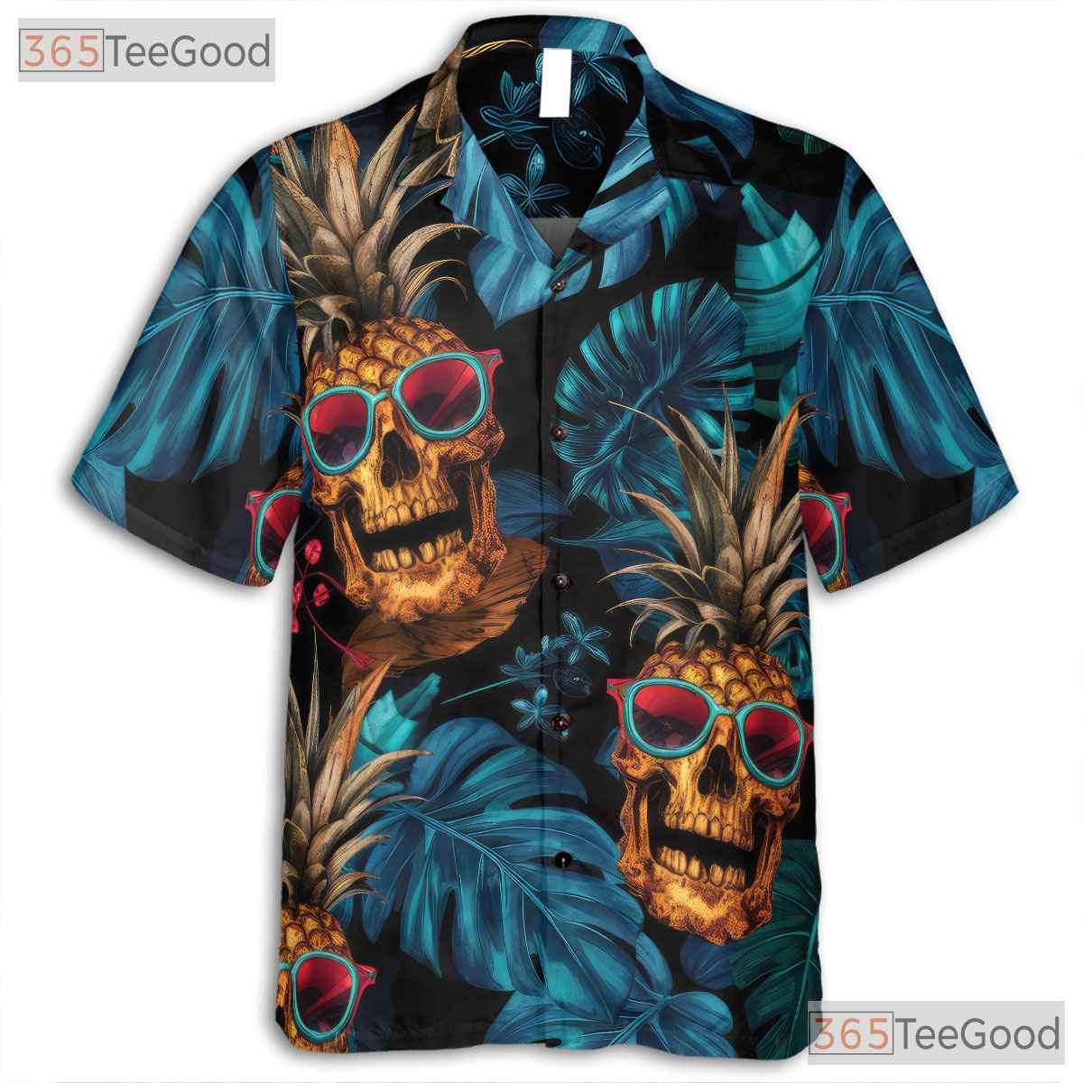 Tropical Skull Print Hawaiian Shirt - Unisex Pineapple Gothic Theme Tee
