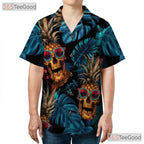 Tropical Skull Print Hawaiian Shirt - Unisex Pineapple Gothic Theme Tee