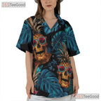 Tropical Skull Print Hawaiian Shirt - Unisex Pineapple Gothic Theme Tee