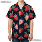 Tropical Strawberry Print Retro Hawaiian Tee Unisex Aloha Beach Vacation