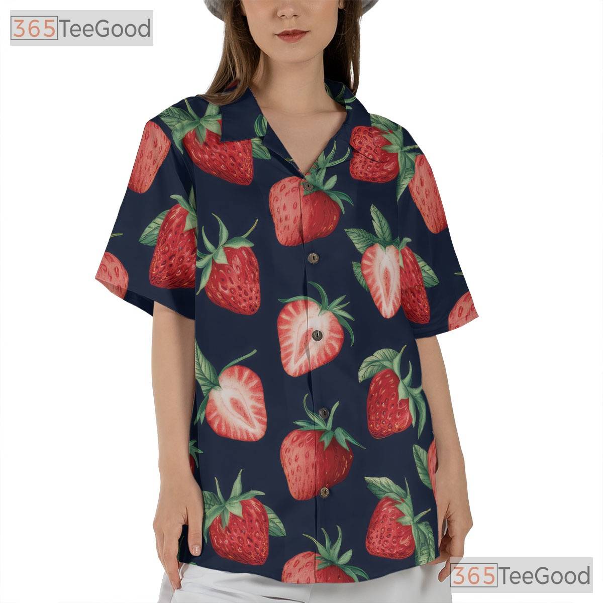 Tropical Strawberry Print Retro Hawaiian Tee Unisex Aloha Beach Vacation