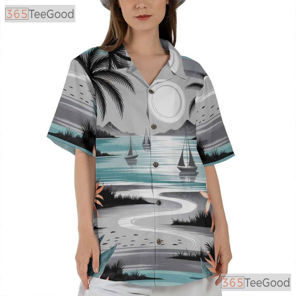 Tropical Sunset Ocean Hawaiian Tee- Unisex Watercolor Beach Floral Print Top