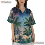 Tropical Sunset Palm Tree Hawaiian Shirt - Women's Beach Design Aloha Tee