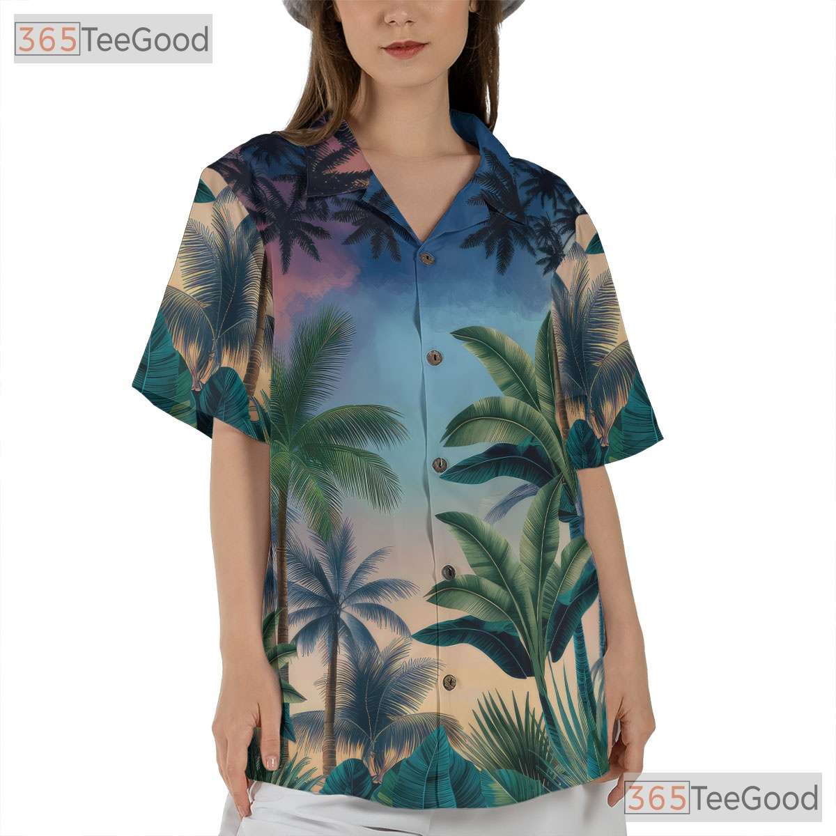 Tropical Sunset Palm Tree Hawaiian Shirt - Women's Beach Design Aloha Tee