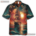 Tropical Sunset Palm Trees Vintage Pirate Ship Hawaiian Shirt Unisex Aloha