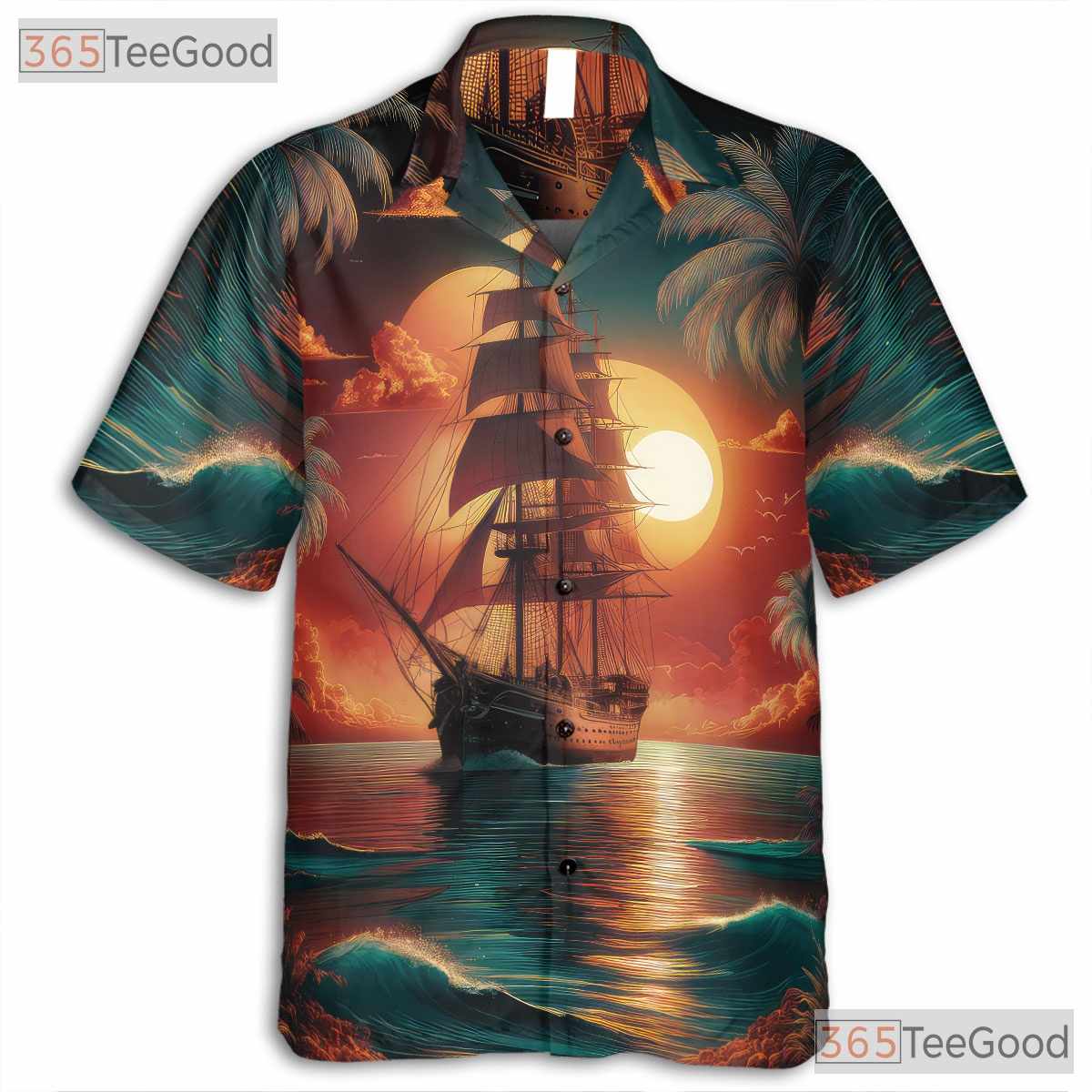 Tropical Sunset Palm Trees Vintage Pirate Ship Hawaiian Shirt Unisex Aloha