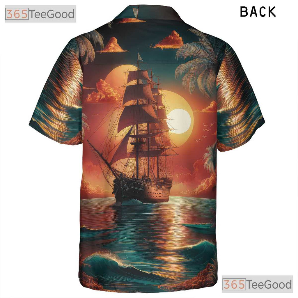 Tropical Sunset Palm Trees Vintage Pirate Ship Hawaiian Shirt Unisex Aloha