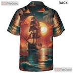 Tropical Sunset Palm Trees Vintage Pirate Ship Hawaiian Shirt Unisex Aloha