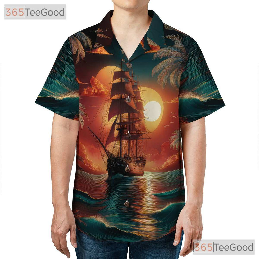 Tropical Sunset Palm Trees Vintage Pirate Ship Hawaiian Shirt Unisex Aloha