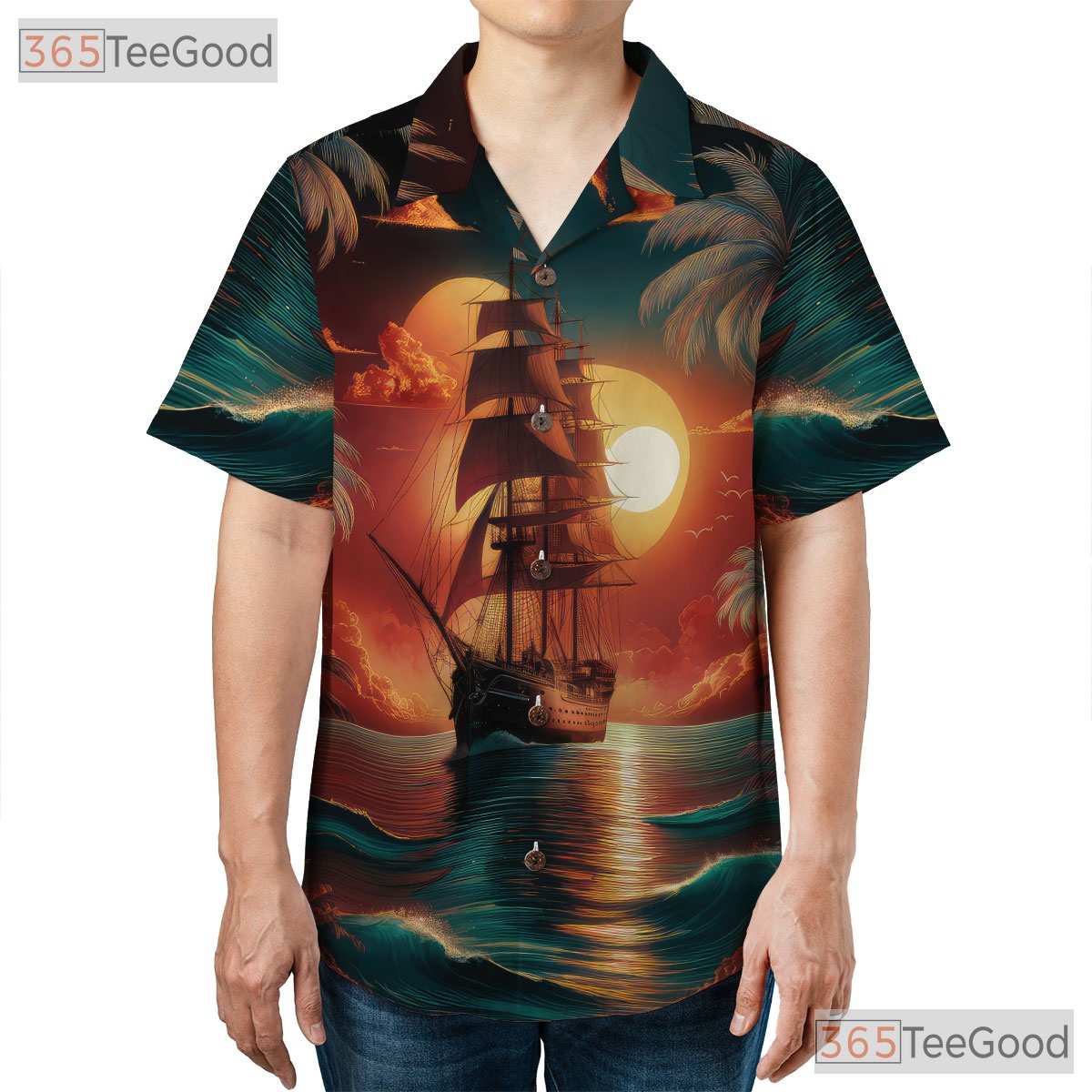 Tropical Sunset Palm Trees Vintage Pirate Ship Hawaiian Shirt Unisex Aloha