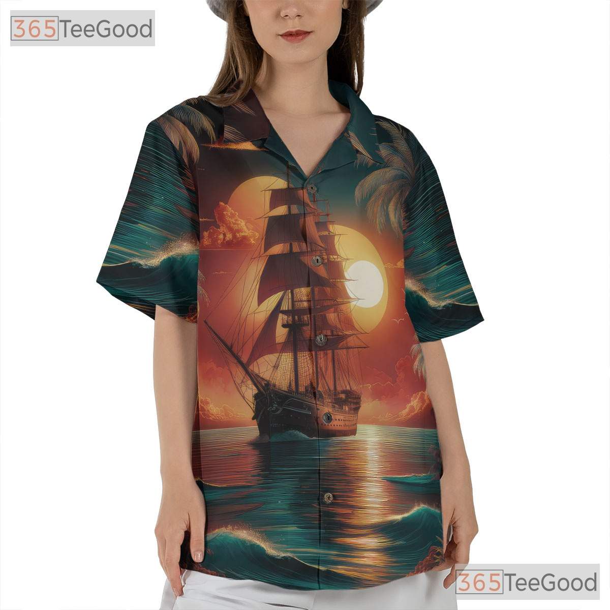 Tropical Sunset Palm Trees Vintage Pirate Ship Hawaiian Shirt Unisex Aloha