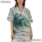 Tropical Surfing Ocean Wave Hawaiian Shirt- Unisex Watercolor Beach Vacation Top