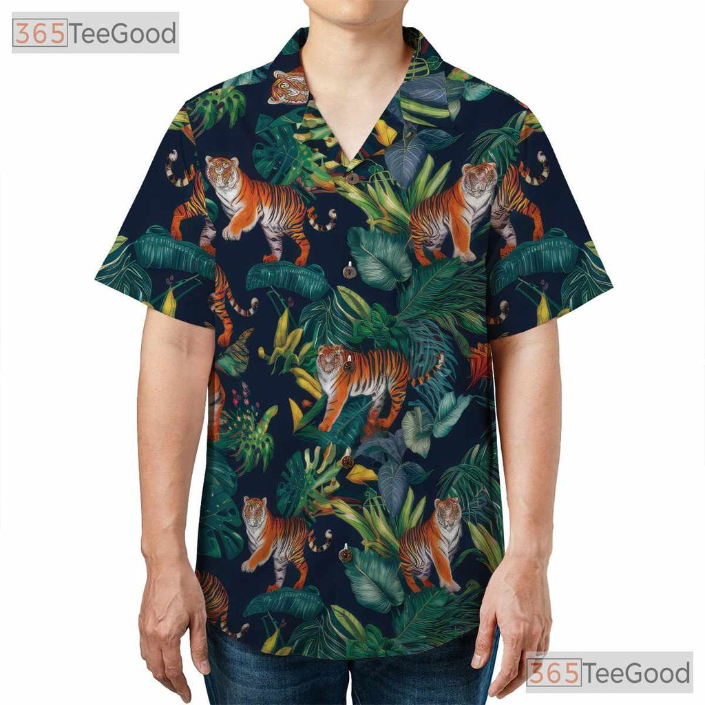 Tropical Tiger Palm Leaf Jungle Animal Hawaiian Tee Unisex Summer Beach Outfit