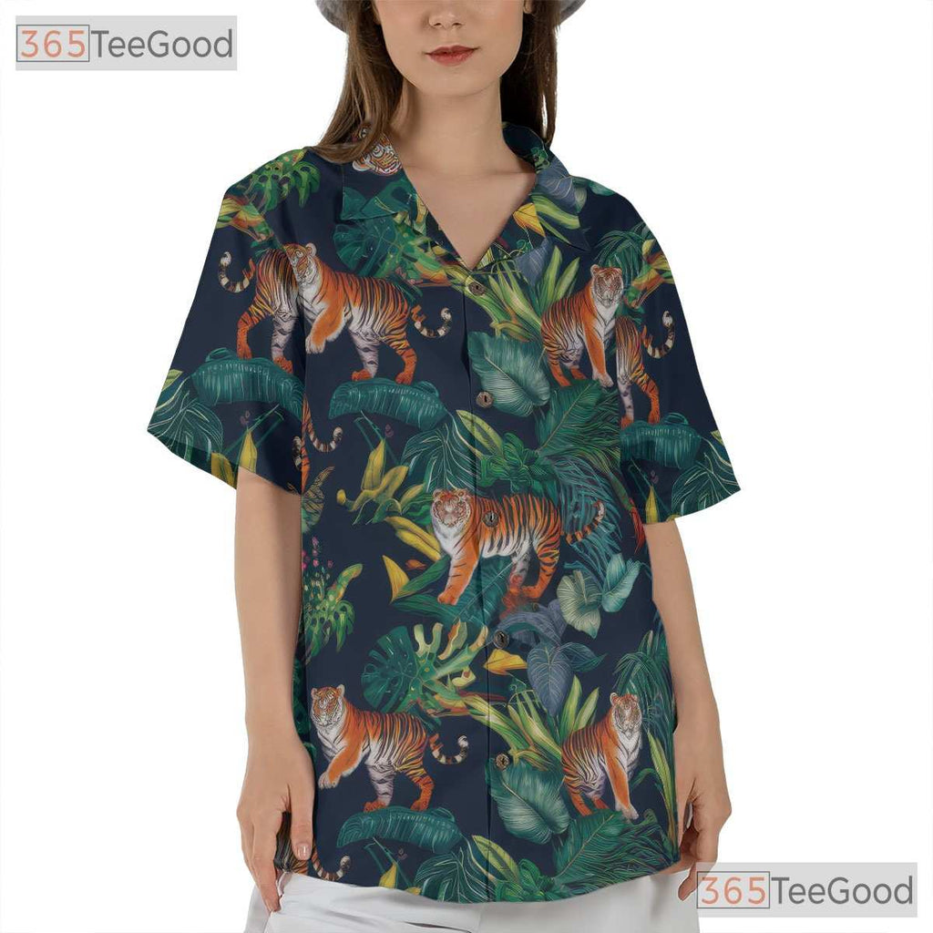 Tropical Tiger Palm Leaf Jungle Animal Hawaiian Tee Unisex Summer Beach Outfit