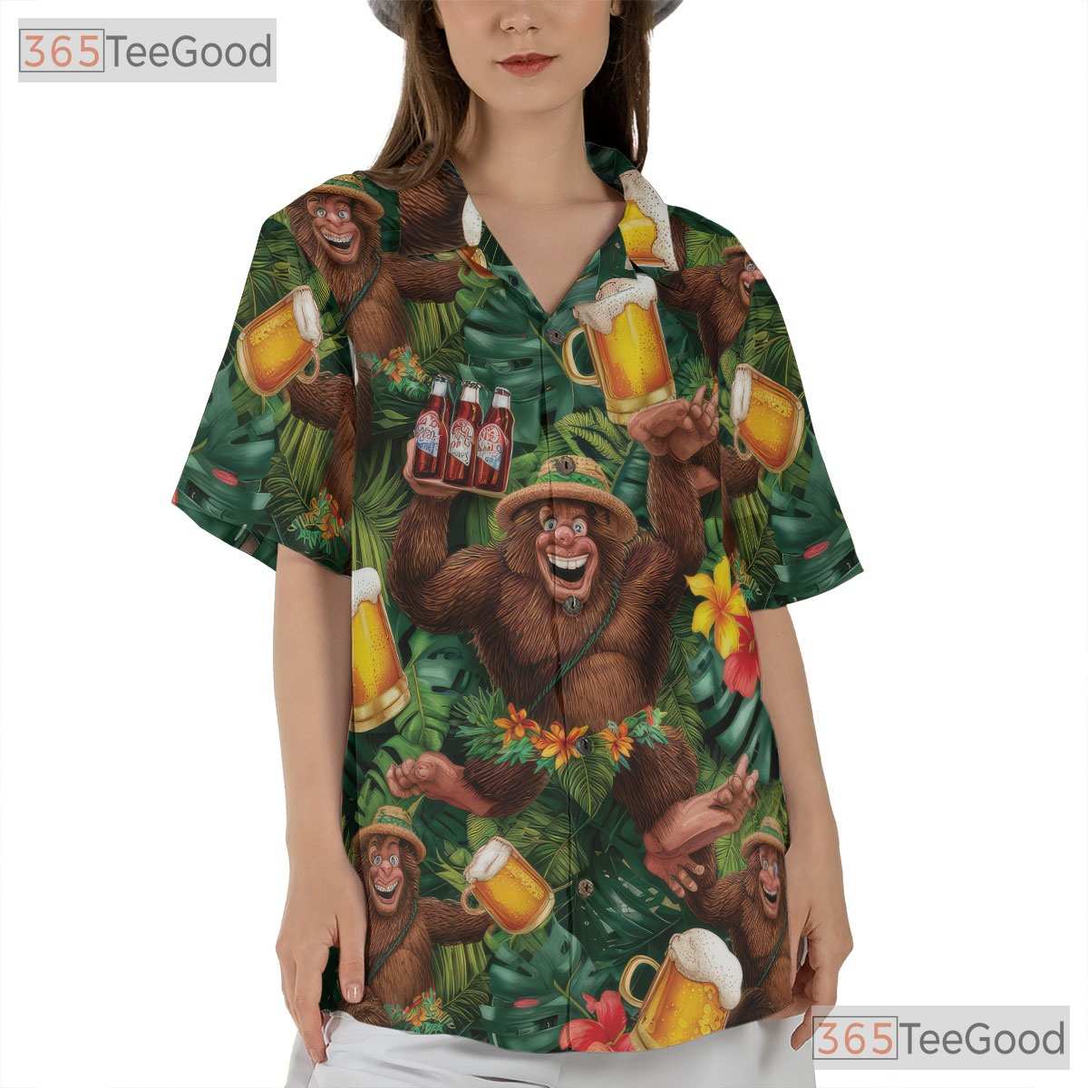 Unique Bigfoot Beer Print Hawaiian Tee - Women's Tropical Style Shirt