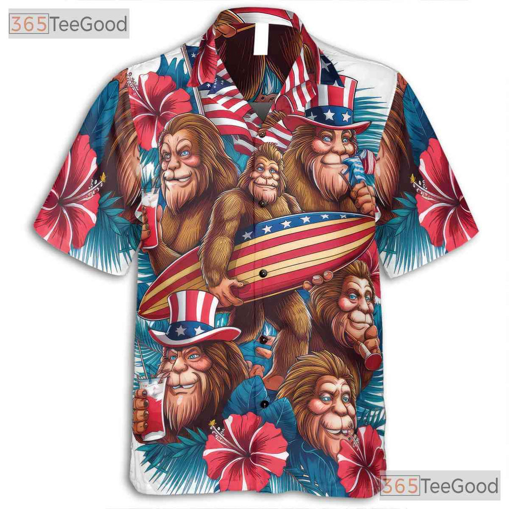 Unique Bigfoot Hawaiian Shirt for Men - Patriotic USA Flag Summer Beach Outfit