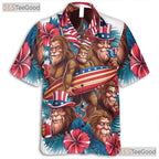 Unique Bigfoot Hawaiian Shirt for Men - Patriotic USA Flag Summer Beach Outfit