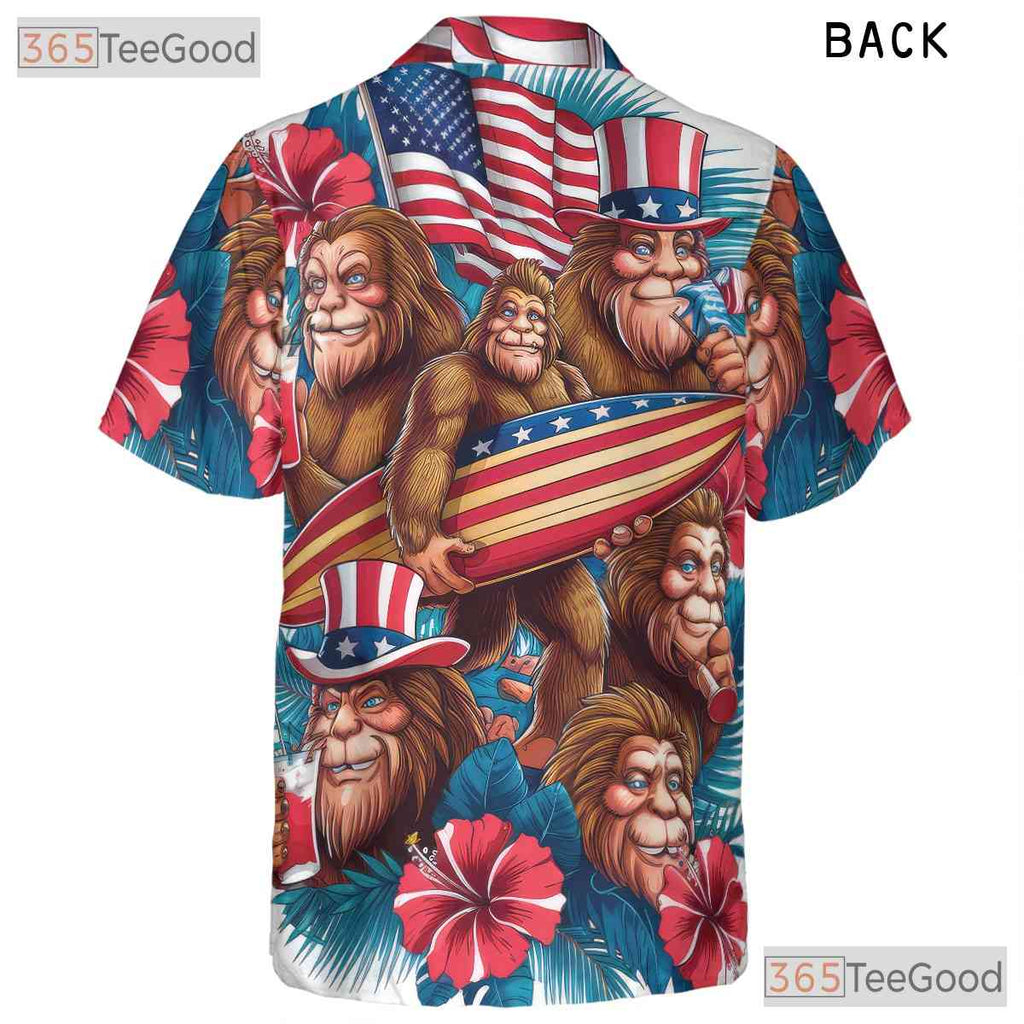 Unique Bigfoot Hawaiian Shirt for Men - Patriotic USA Flag Summer Beach Outfit