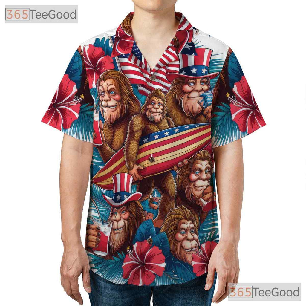 Unique Bigfoot Hawaiian Shirt for Men - Patriotic USA Flag Summer Beach Outfit