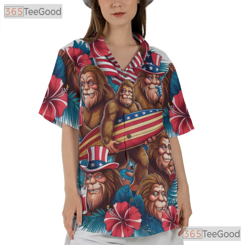Unique Bigfoot Hawaiian Shirt for Men - Patriotic USA Flag Summer Beach Outfit