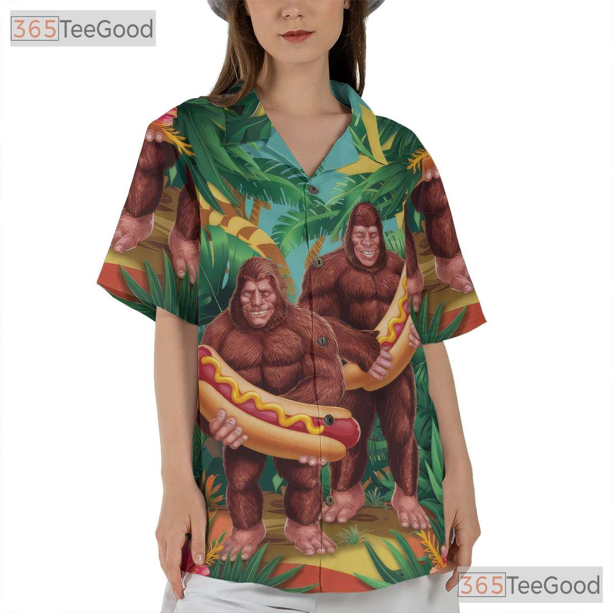 Unique Bigfoot Hot Dog Hawaiian Tee - Women's Aloha Beach Design Shirt