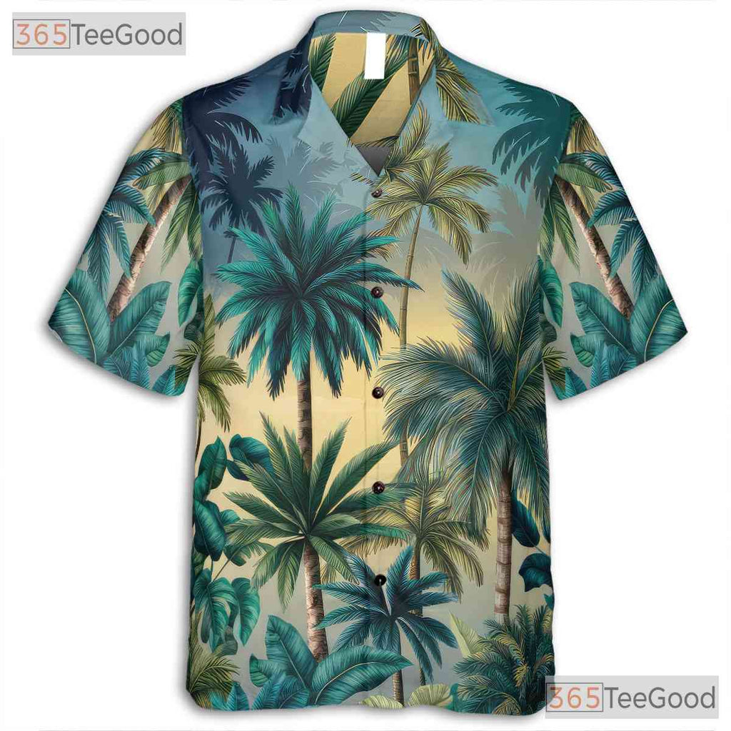 Unique Palm Tree Sunset Hawaiian Tee - Men's Tropical Print Beachwear