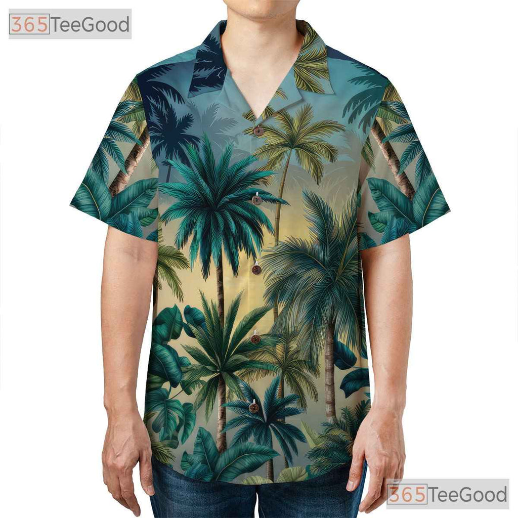 Unique Palm Tree Sunset Hawaiian Tee - Men's Tropical Print Beachwear