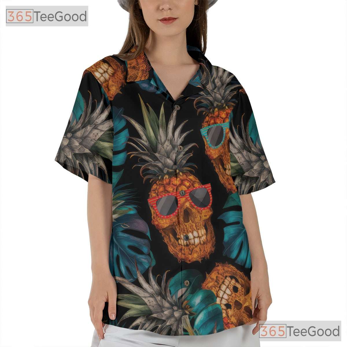 Unique Pineapple Skull Hawaiian Tee - Women's Gothic Beach Party Shirt