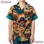 Unique Pirate Themed Hawaiian Shirt - Women's Skull Map Print Aloha Tee