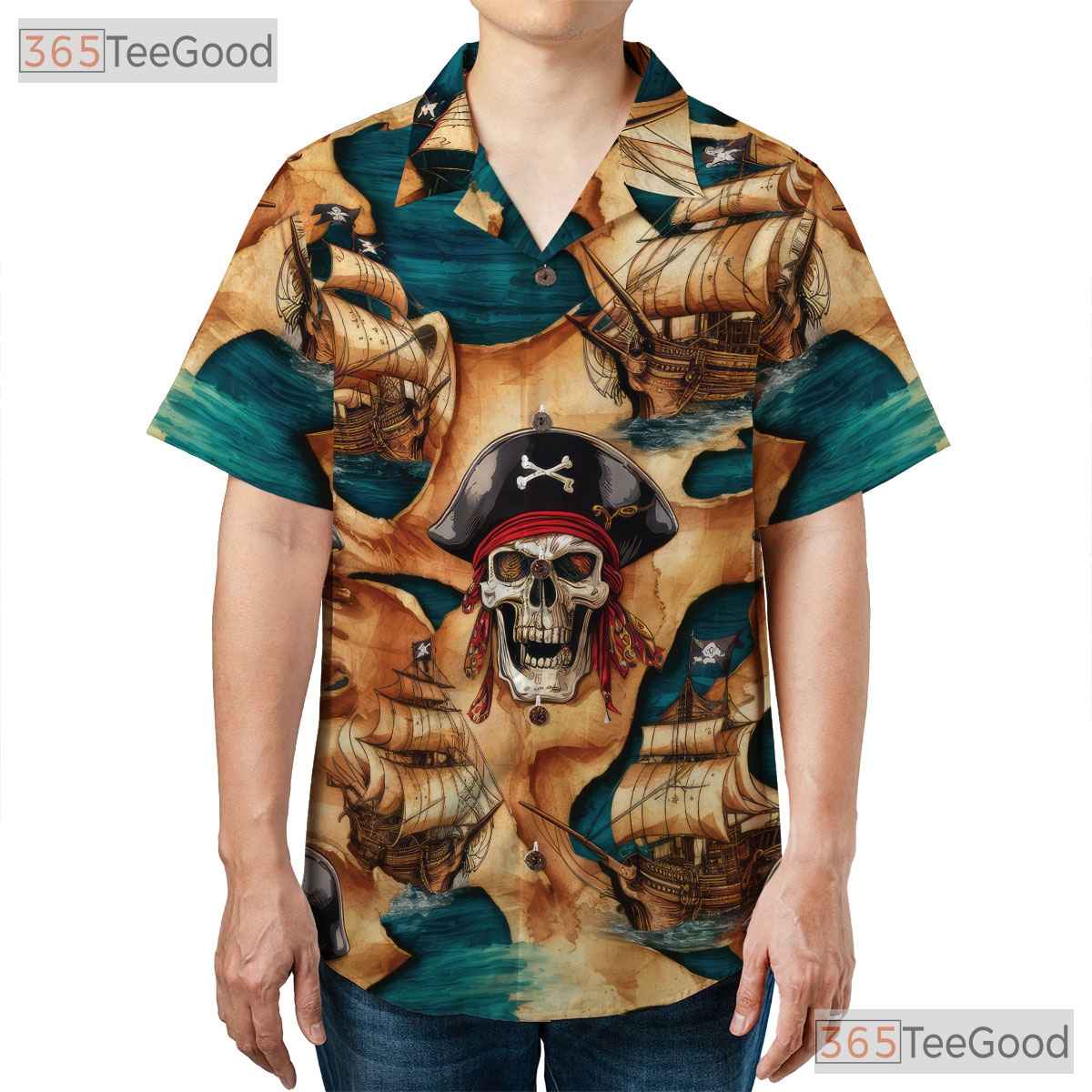 Unique Pirate Themed Hawaiian Shirt - Women's Skull Map Print Aloha Tee