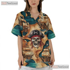 Unique Pirate Themed Hawaiian Shirt - Women's Skull Map Print Aloha Tee