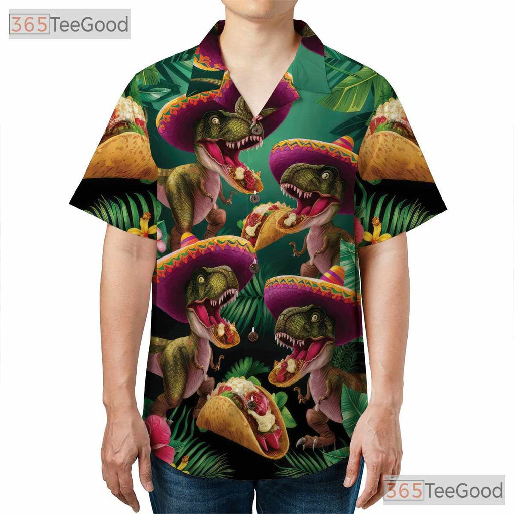 Unique T-Rex Sombrero Taco Hawaiian Tee - Adult Tropical Print Beachwear