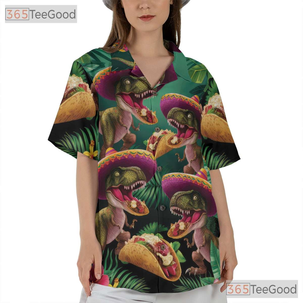 Unique T-Rex Sombrero Taco Hawaiian Tee - Adult Tropical Print Beachwear