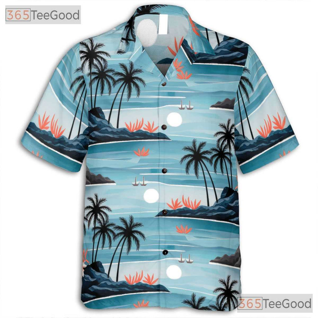 Unisex Beach Vacation Hawaiian Shirt- Watercolor Palm Tree Ocean Sunset Top