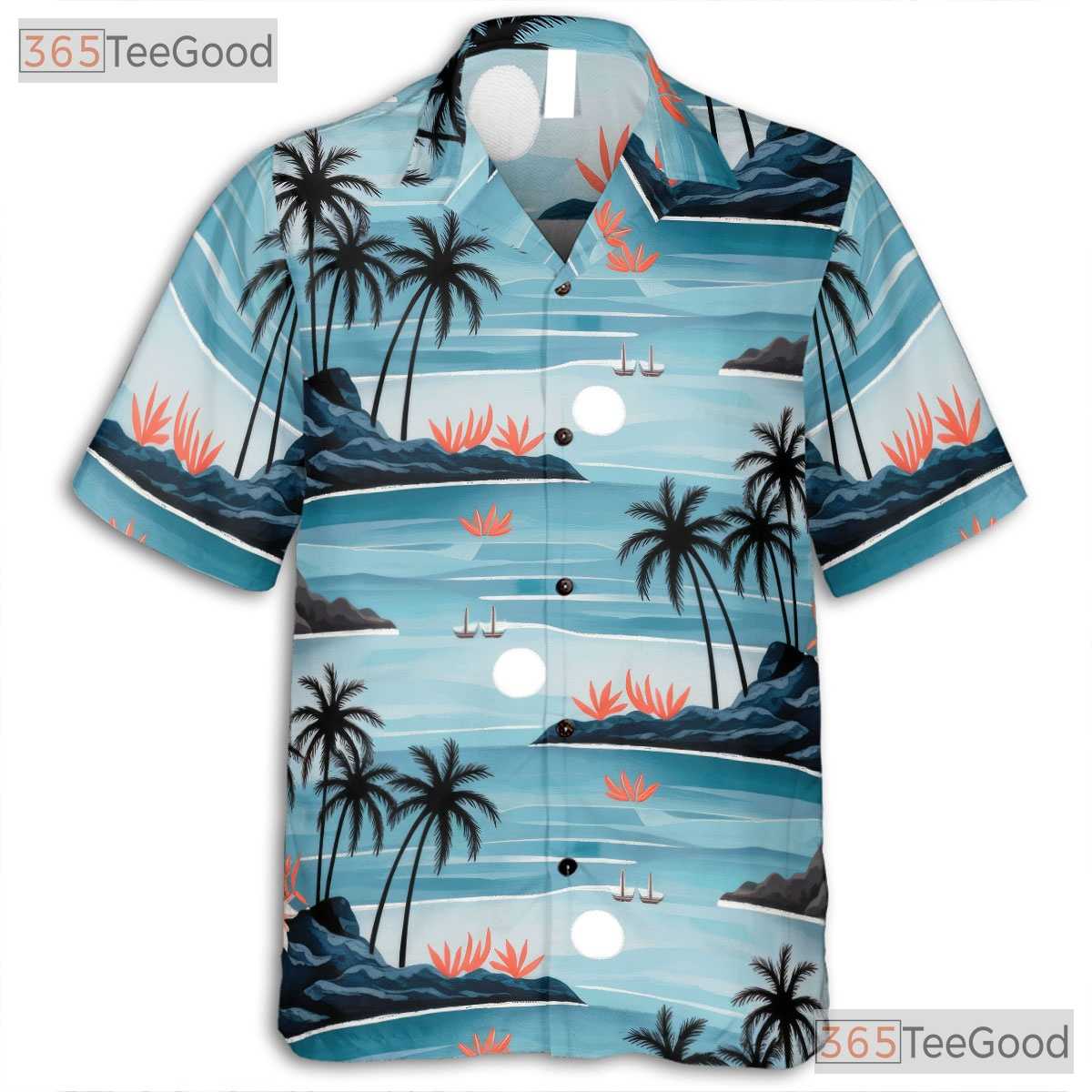 Unisex Beach Vacation Hawaiian Shirt- Watercolor Palm Tree Ocean Sunset Top