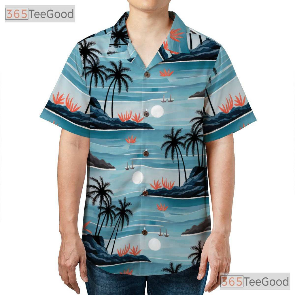 Unisex Beach Vacation Hawaiian Shirt- Watercolor Palm Tree Ocean Sunset Top
