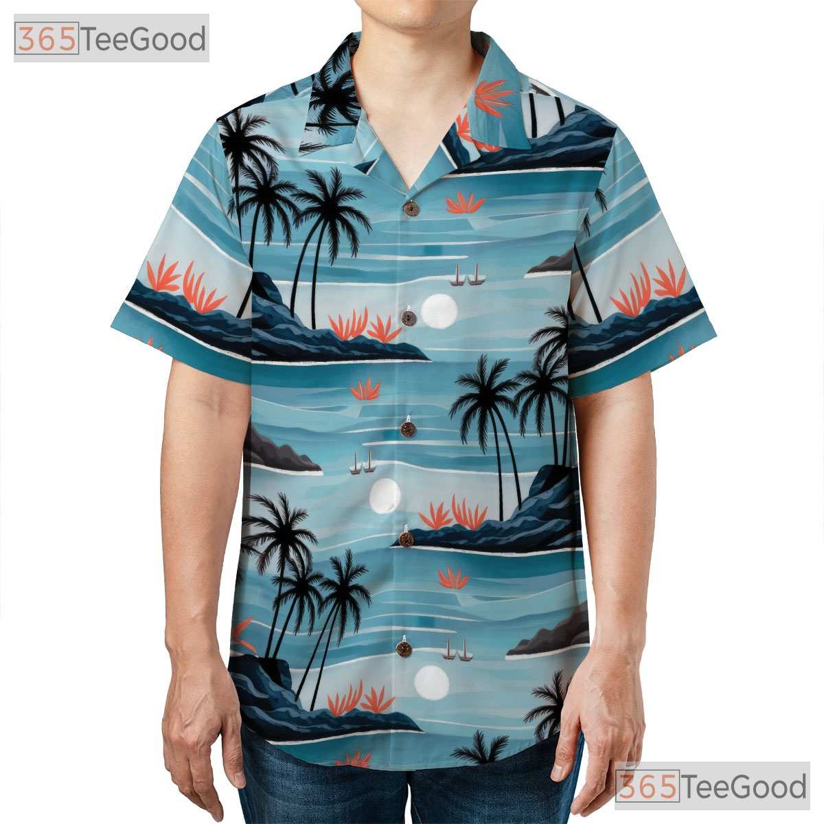 Unisex Beach Vacation Hawaiian Shirt- Watercolor Palm Tree Ocean Sunset Top