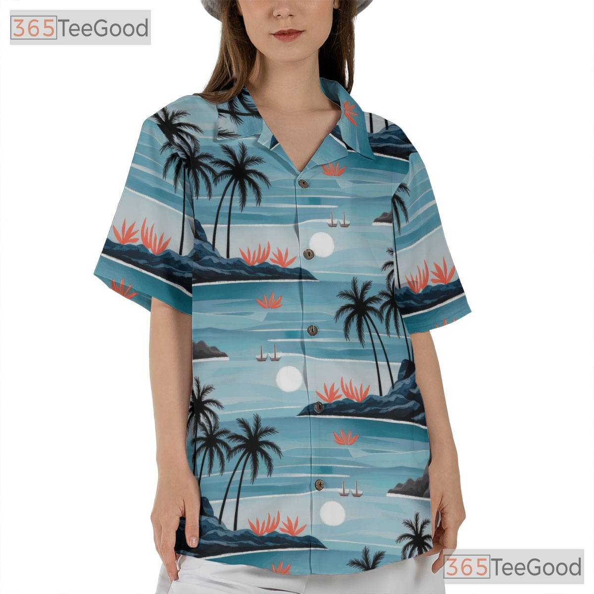Unisex Beach Vacation Hawaiian Shirt- Watercolor Palm Tree Ocean Sunset Top