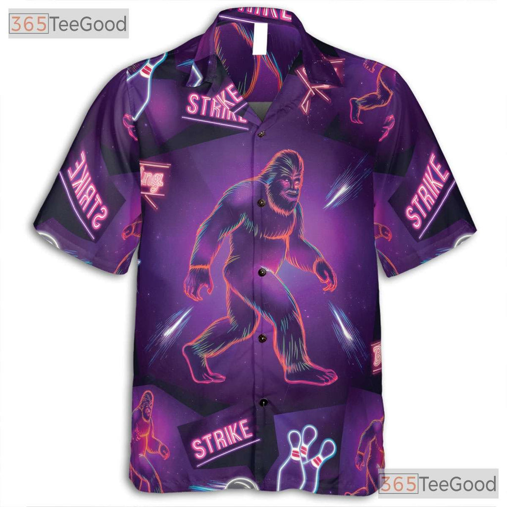 Unisex Bigfoot Neon Bowling Strike Hawaiian Shirt- Funny Summer Casual Apparel