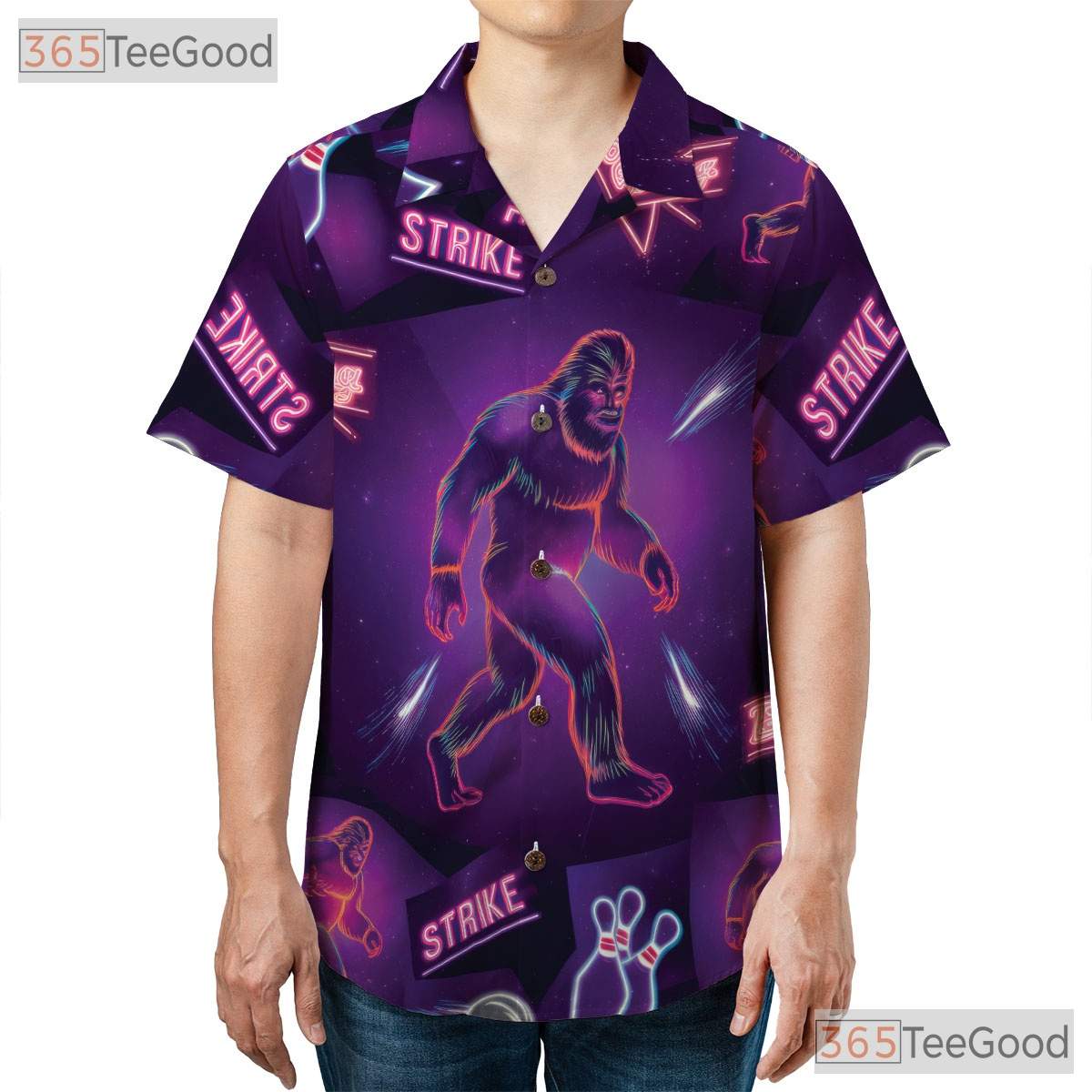 Unisex Bigfoot Neon Bowling Strike Hawaiian Shirt- Funny Summer Casual Apparel