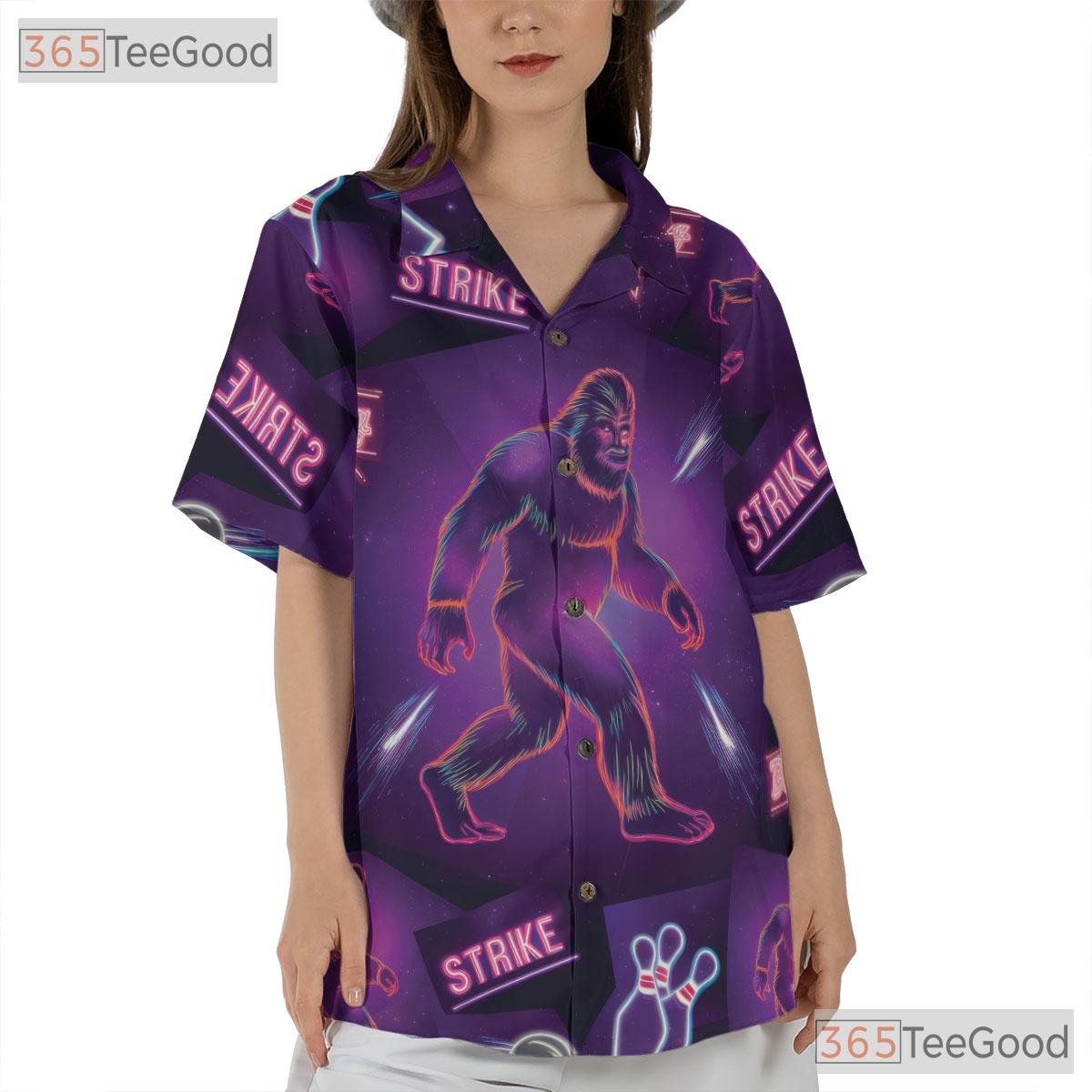 Unisex Bigfoot Neon Bowling Strike Hawaiian Shirt- Funny Summer Casual Apparel