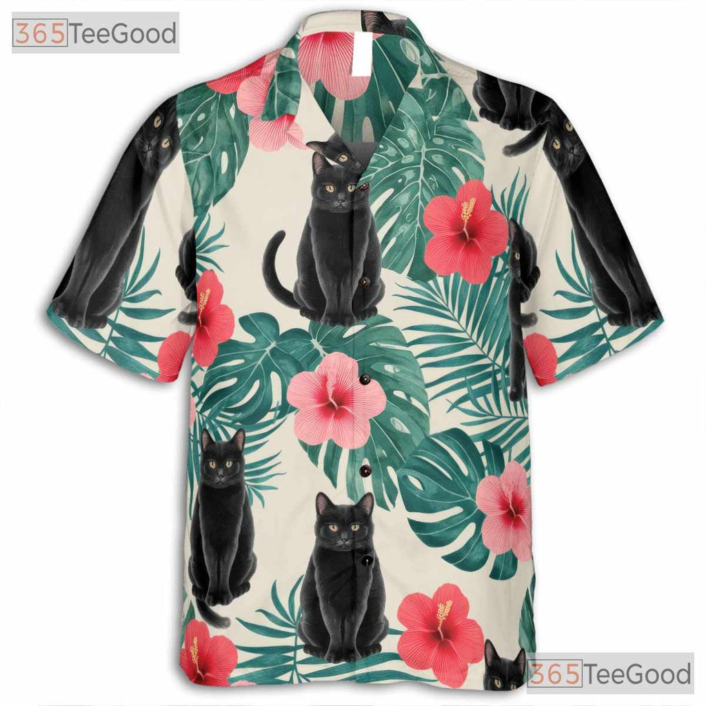 Unisex Black Cat Hawaiian Shirt- Red Hibiscus Jungle Leaf Tropical Aloha Top