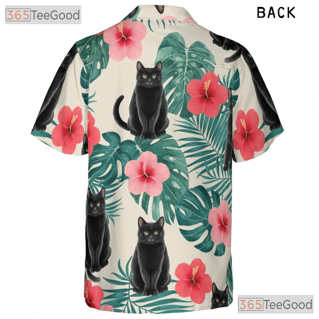 Unisex Black Cat Hawaiian Shirt- Red Hibiscus Jungle Leaf Tropical Aloha Top